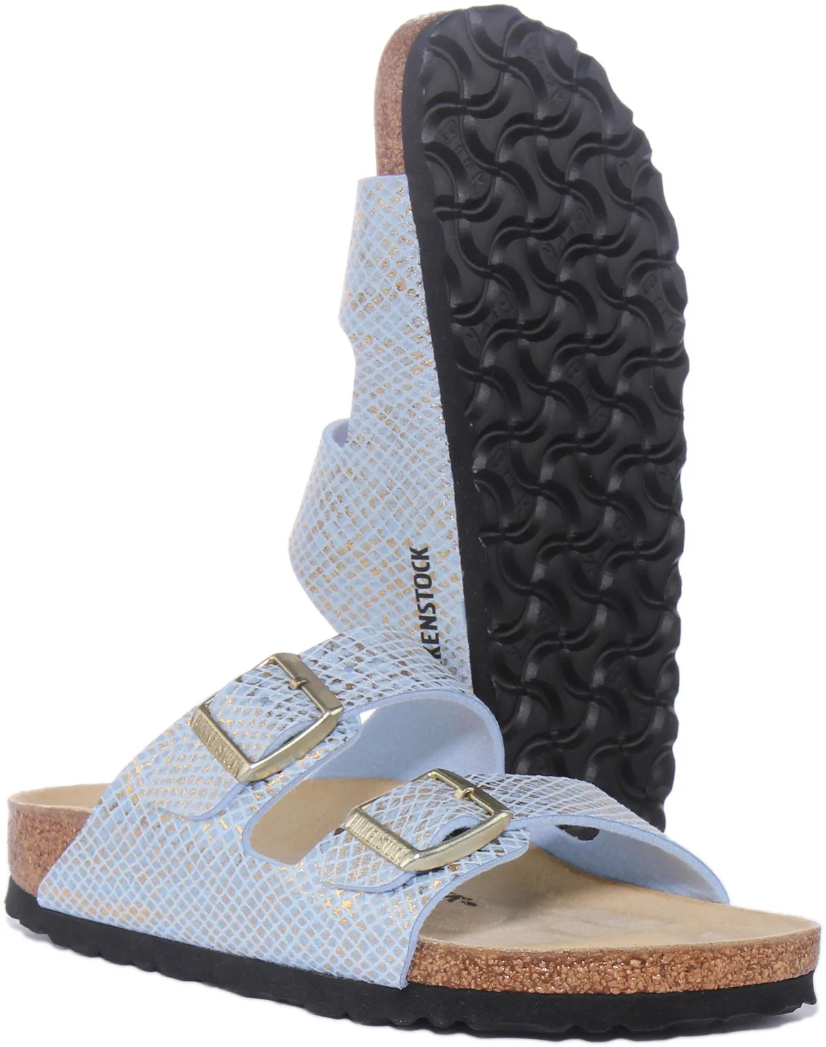 Birkenstock Arizona Sandalia Birko Flor de doble tira para mujer en dorado